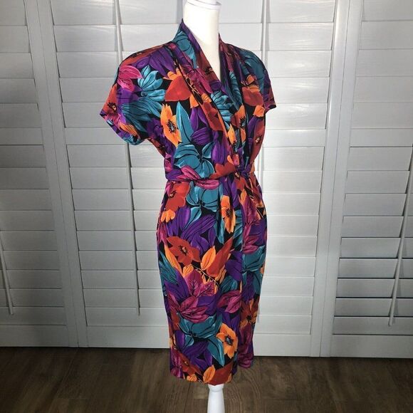 Vintage 80's Tess Dress S Bright Floral Print Blouson Turquoise Purple Sheath - Picture 6 of 12